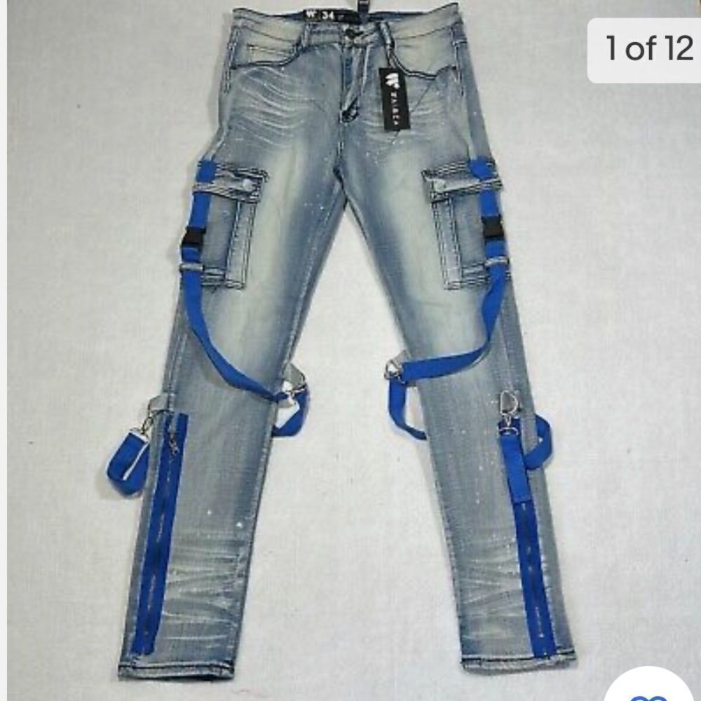 Waimea Blue Wash Denim Stretch Blue Belt Straps Skinny Fit Jeans Mens Size30 nwt